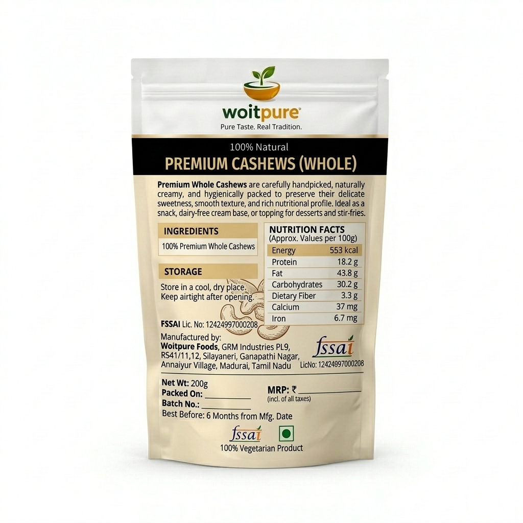 Organic Whole Cashews W320 200g | Grade A | Woitpure - Image 2